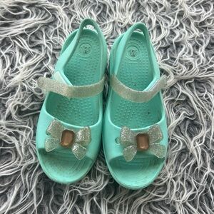 CROCS JELLY SLINGBACK SLIP MARY JANE SANDAL SHOE C 12 Green Silver Bow Sparkly